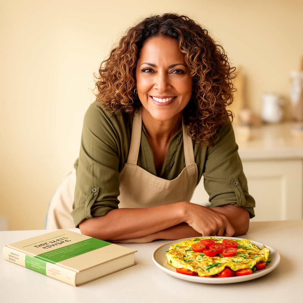 Mujer feliz con el libro en la cocina